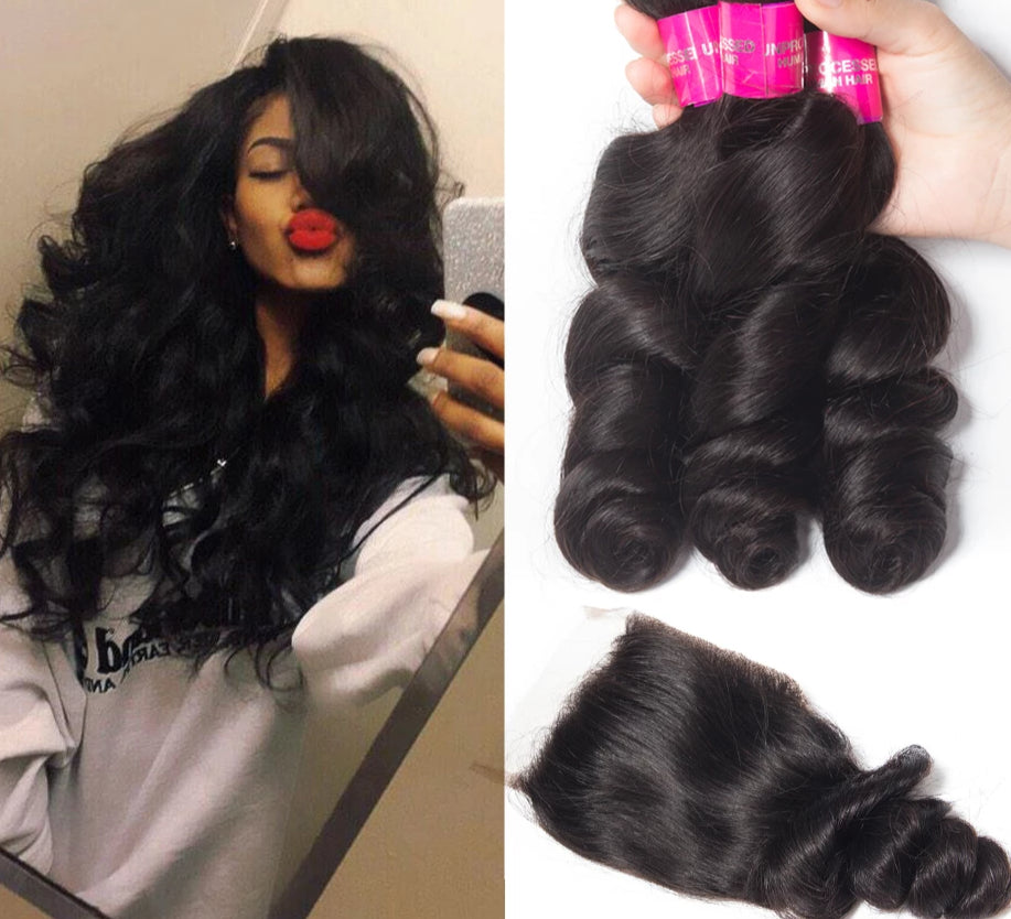 Remy Loose Wave Brazilian Hair Weave 3 Bundles With Closure