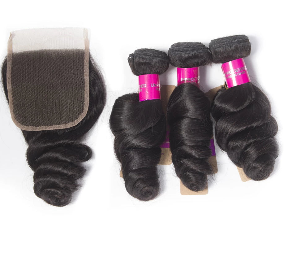 Remy Loose Wave Brazilian Hair Weave 3 Bundles With Closure