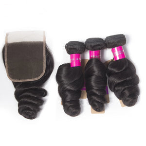 Remy Human Brazilian Hair Weave 3 Bundles With Closure