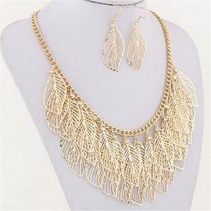 Women Luxury Bib Bohemian Statement Leaves Long Maxi Tassel Silver Gold Necklace And Earrings Set