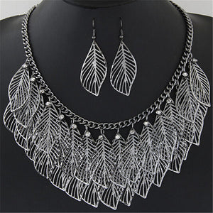 Women Luxury Bib Bohemian Statement Leaves Long Maxi Tassel Silver Gold Necklace And Earrings Set