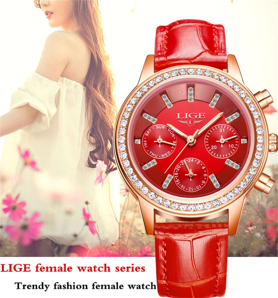 Luxury Women Leisure fashion Leather Quartz Ladies Diamond Dress watch