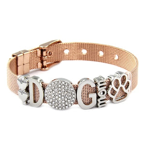 Women Stainless Steel Crystal Dog Mesh Bracelets Bangles