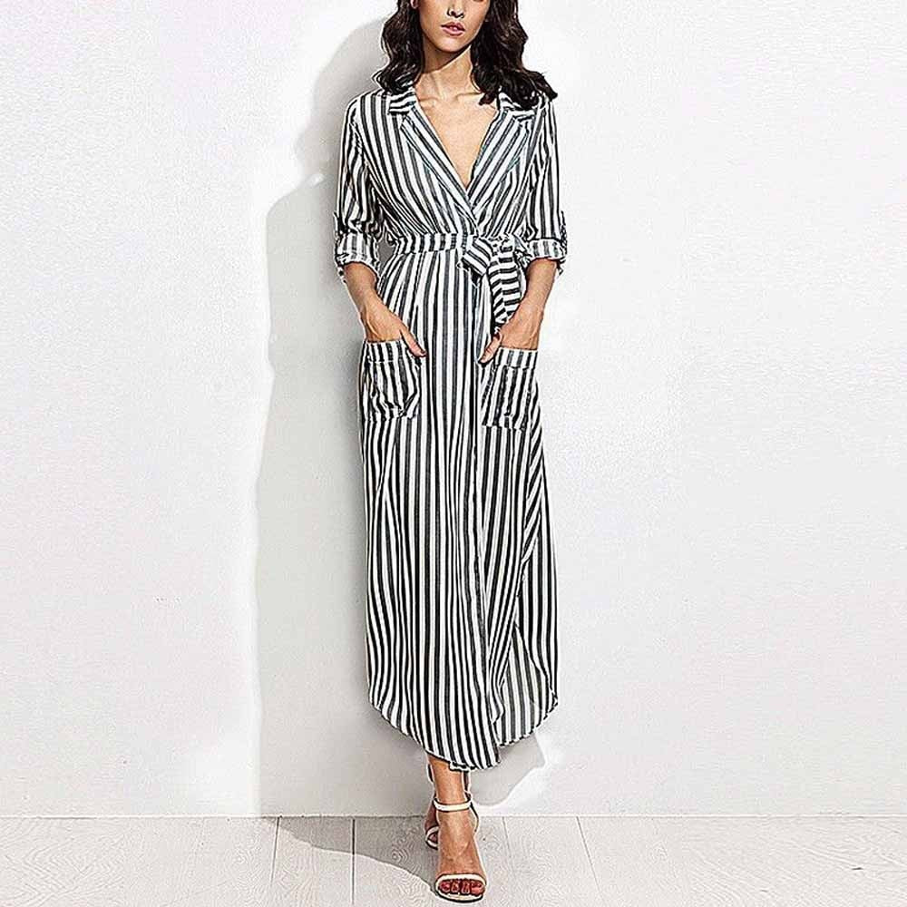 Womens Vertical Blue White Stripe slim Belted Deep V Neck Long Sleeve Shirt Dress