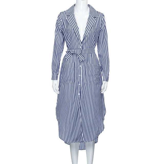 Womens Vertical Blue White Stripe slim Belted Deep V Neck Long Sleeve Shirt Dress