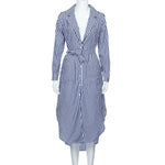 Womens Vertical Blue White Stripe slim Belted Deep V Neck Long Sleeve Shirt Dress