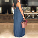 Strapless Beach Maxi Long V Neck Backless Casual Loose Solid Denim Dresses Plus Size Floor-length