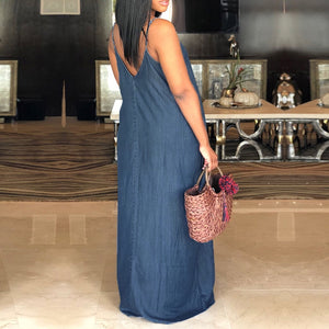 Strapless Beach Maxi Long V Neck Backless Casual Loose Solid Denim Dresses Plus Size Floor-length