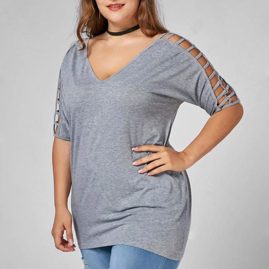 KANCOOLD tops high quality Plus Size Fashion Hollow Out Sleeve T-Shirt V-Neck Casual summer tops for women 2018 ap26