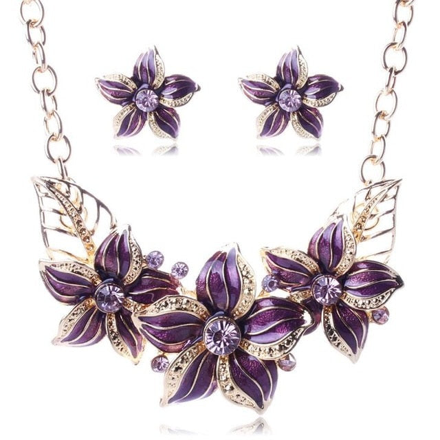 Women Flower Necklace and  Earring Jewelry Set