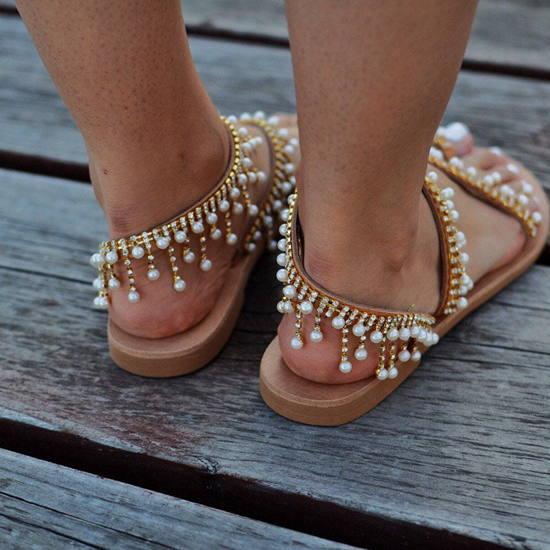 Women  flat pearl sandals comfortable string bead slippers casual sandals size 34 - 43