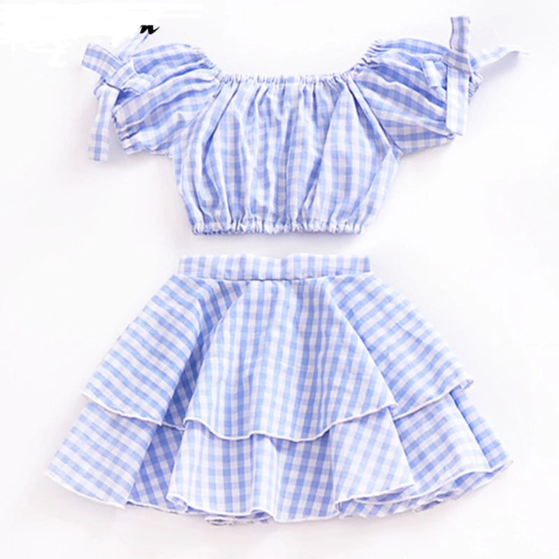 Girl's Fashion Off  The  Shoulder 2 pcs Blue Plaid Suit For Kids