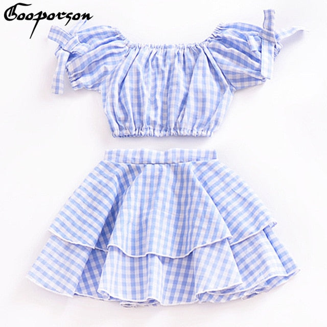 Girl's Fashion Off  The  Shoulder 2 pcs Blue Plaid Suit For Kids