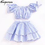 Girl's Fashion Off  The  Shoulder 2 pcs Blue Plaid Suit For Kids