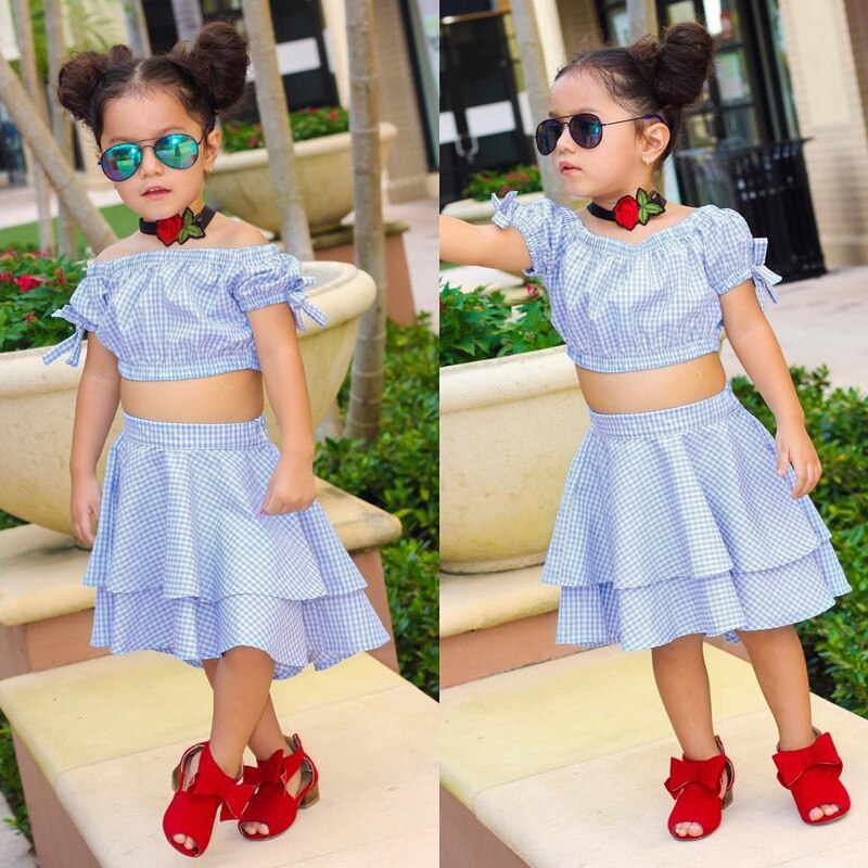 Girl's Fashion Off  The  Shoulder 2 pcs Blue Plaid Suit For Kids