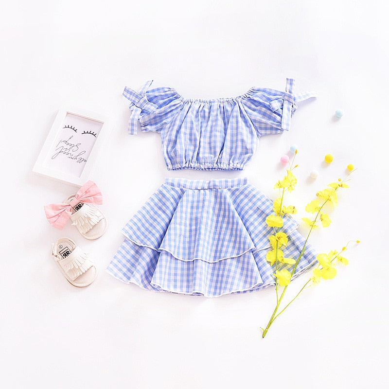 Girl's Fashion Off  The  Shoulder 2 pcs Blue Plaid Suit For Kids
