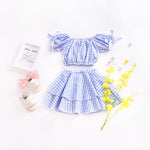 Girl's Fashion Off  The  Shoulder 2 pcs Blue Plaid Suit For Kids