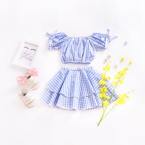 Girl's Fashion Off  The  Shoulder 2 pcs Blue Plaid Suit For Kids
