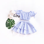 Girl's Fashion Off  The  Shoulder 2 pcs Blue Plaid Suit For Kids