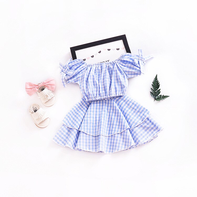 Girl's Fashion Off  The  Shoulder 2 pcs Blue Plaid Suit For Kids