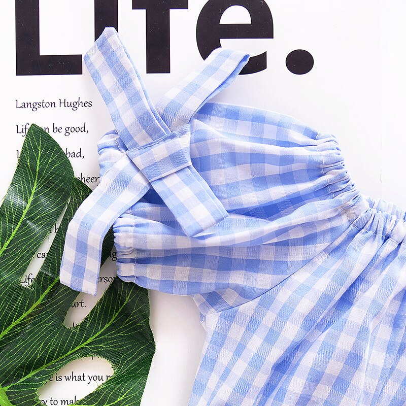 Girl's Fashion Off  The  Shoulder 2 pcs Blue Plaid Suit For Kids