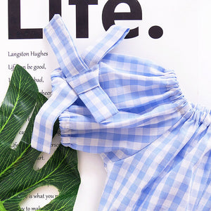 Girl's Fashion Off  The  Shoulder 2 pcs Blue Plaid Suit For Kids