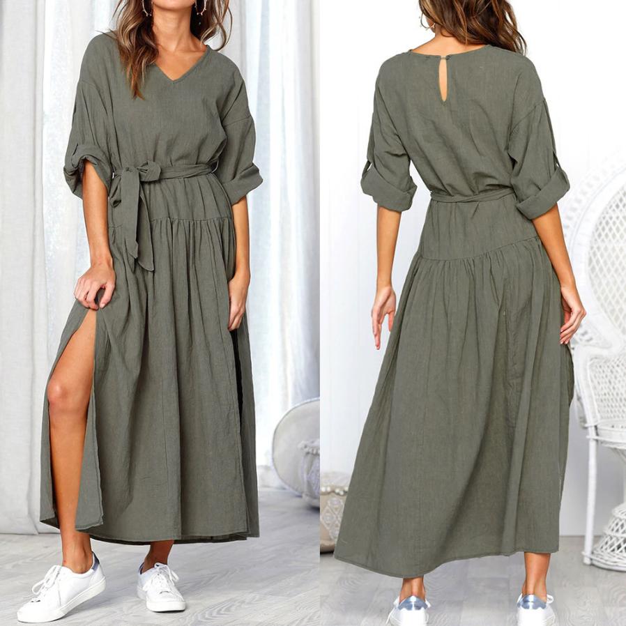 Women Long Sleeve V Neck Split Solid Sashes Casual Loose Maxi Dress