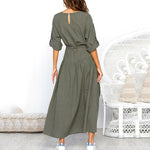 Women Long Sleeve V Neck Split Solid Sashes Casual Loose Maxi Dress