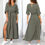 Women Long Sleeve V Neck Split Solid Sashes Casual Loose Maxi Dress