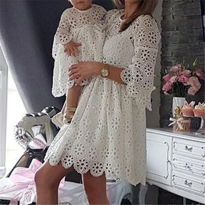 Women Fashion Family Matching  Mother and Daughter Floral Lace Mini Dress