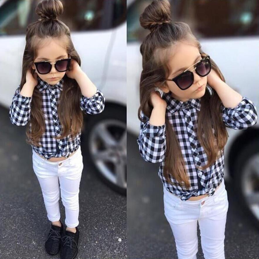 Girls Spring 2Pcs Plaid Tops+Demin Pants Outfit