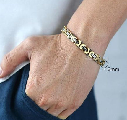 Mens Bracelet Gold Silver Tone Byzantine Stainless Steel Chains