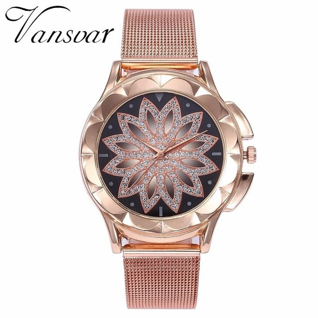 Fashion Women Rose Gold Flower Rhinestone Wrist Watche