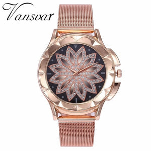 Fashion Women Rose Gold Flower Rhinestone Wrist Watche