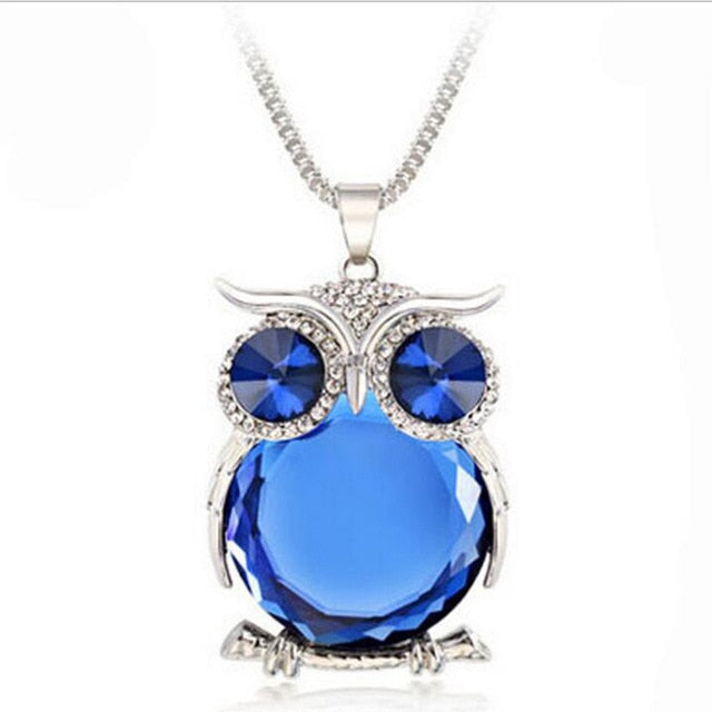 Women Sweater Chain Necklace Owl Design Rhinestones Crystal Pendant Necklaces