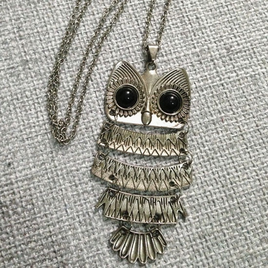 Women Sweater Chain Necklace Owl Design Rhinestones Crystal Pendant Necklaces