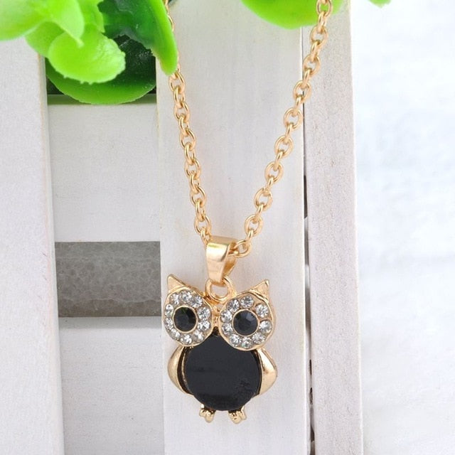 Women Sweater Chain Necklace Owl Design Rhinestones Crystal Pendant Necklaces