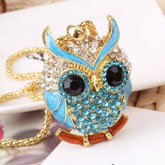 Women Sweater Chain Necklace Owl Design Rhinestones Crystal Pendant Necklaces