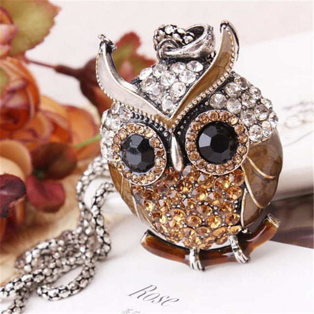 Women Sweater Chain Necklace Owl Design Rhinestones Crystal Pendant Necklaces