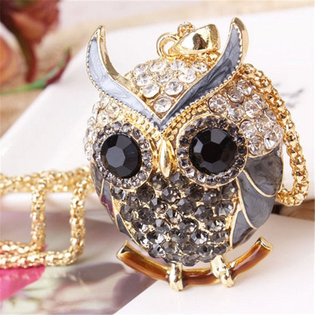 Women Sweater Chain Necklace Owl Design Rhinestones Crystal Pendant Necklaces