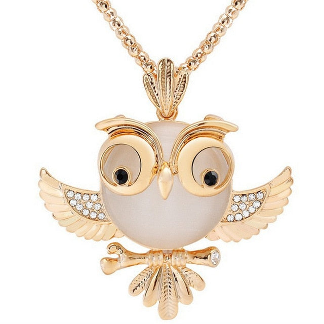 Women Sweater Chain Necklace Owl Design Rhinestones Crystal Pendant Necklaces