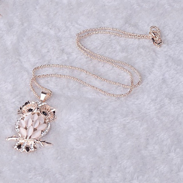 Women Sweater Chain Necklace Owl Design Rhinestones Crystal Pendant Necklaces