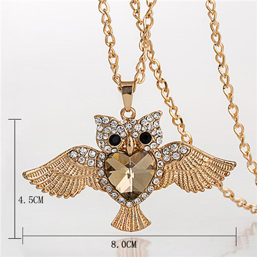 Women Sweater Chain Necklace Owl Design Rhinestones Crystal Pendant Necklaces