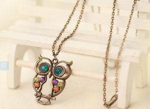 Women Sweater Chain Necklace Owl Design Rhinestones Crystal Pendant Necklaces