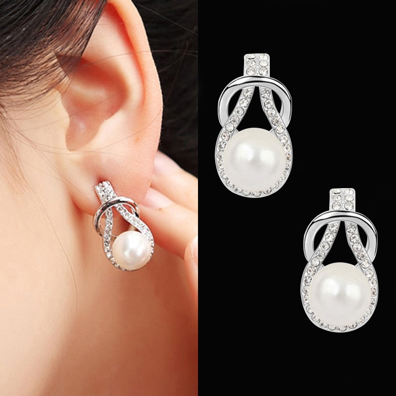 Women Trendy Round Pearl Stud Simple Rhinestone Earring Crystal Fine Jewelry