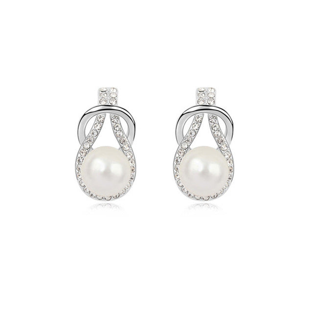 Women Trendy Round Pearl Stud Simple Rhinestone Earring Crystal Fine Jewelry