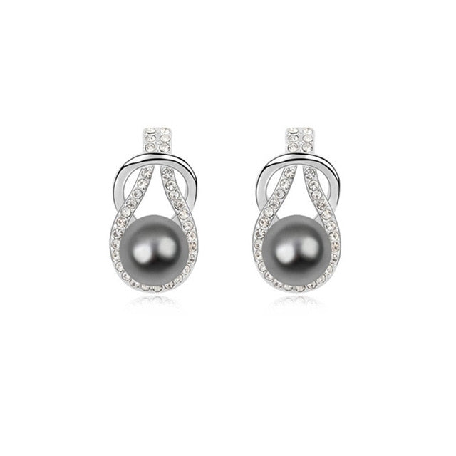 Women Trendy Round Pearl Stud Simple Rhinestone Earring Crystal Fine Jewelry