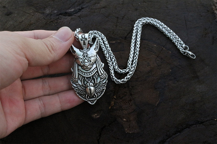 Vintage Egyptian Scarab Beetle Silver Pharaoh Necklace Pendant Scarab Wings Anubis Head Necklace Men