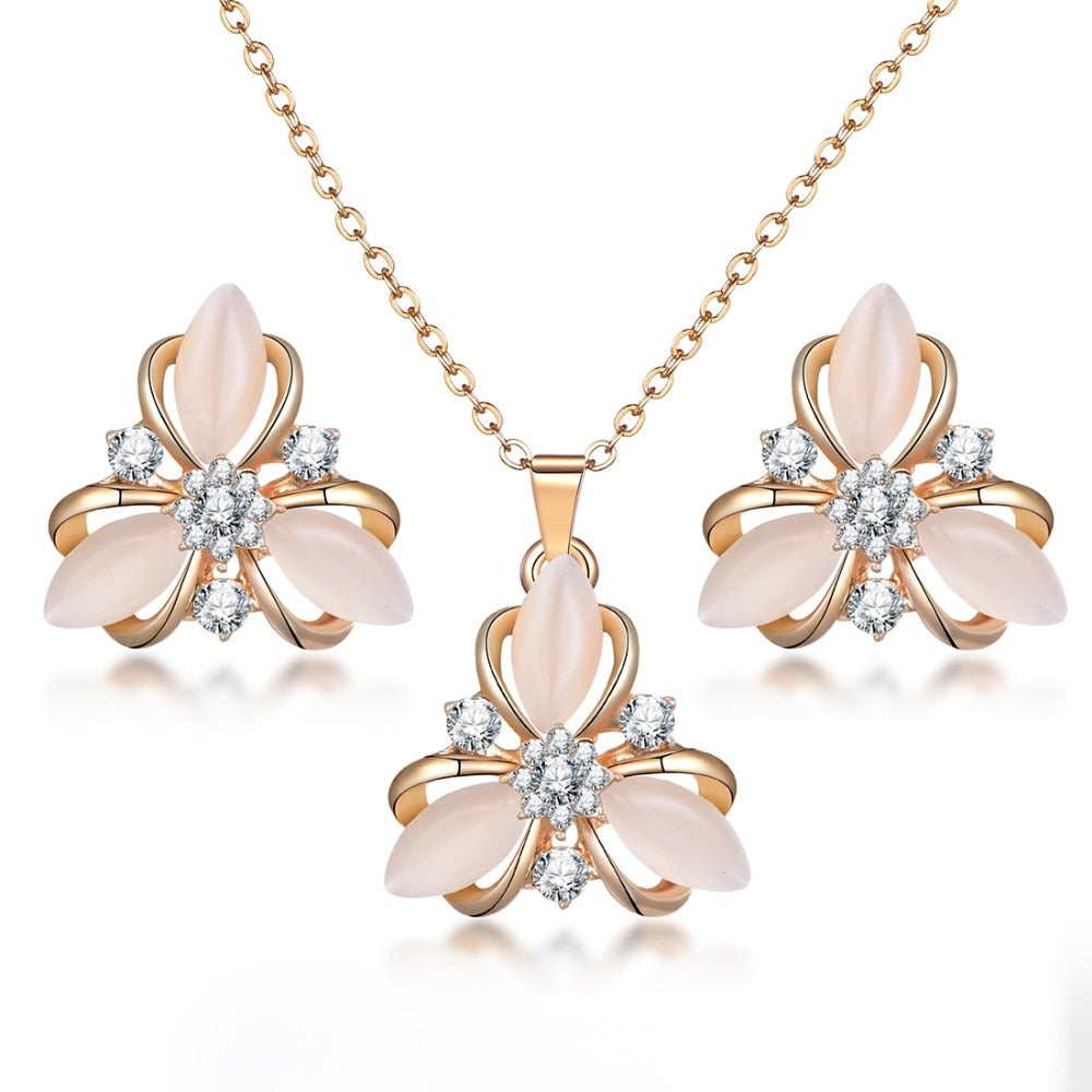 High Quality Flower Stainless Steel Pendant Necklace and Earring Set For Women