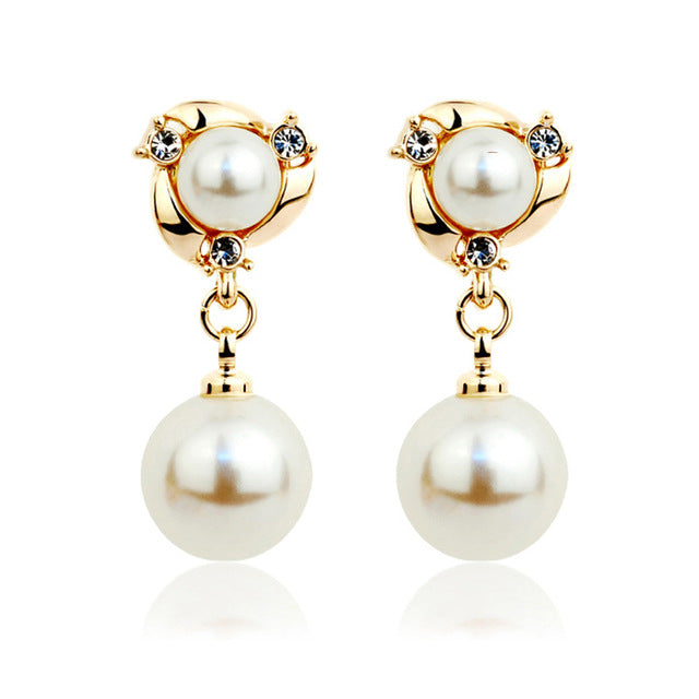 Women Trendy Round Pearl Stud Simple Rhinestone Earring Crystal Fine Jewelry